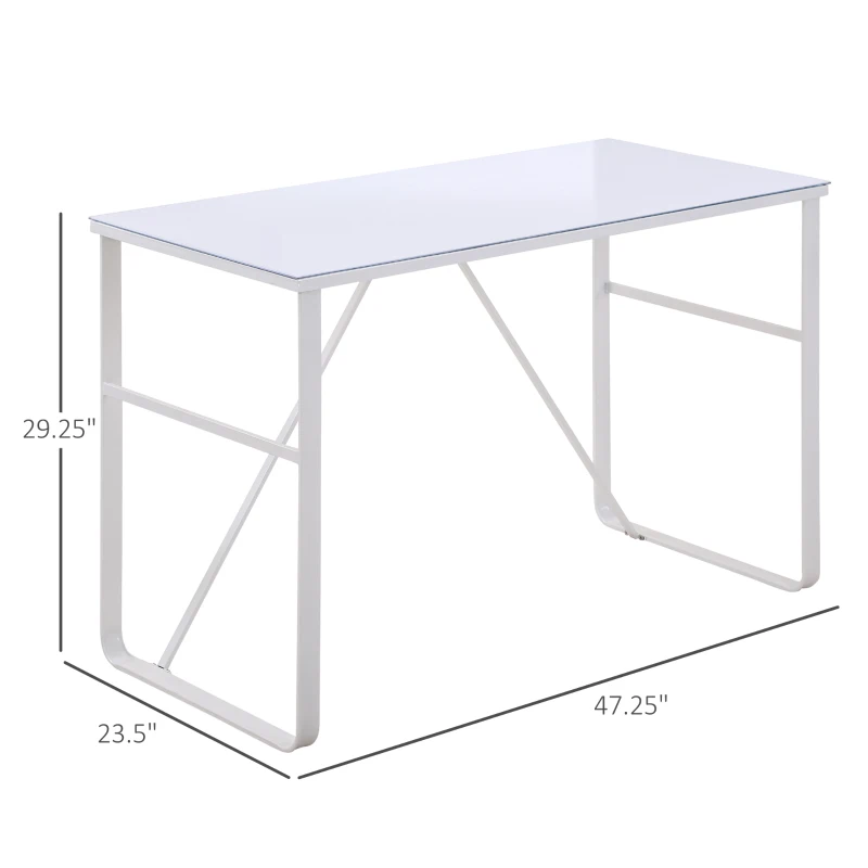 HOMCOM Office Table Glass Top Writing Desk Home Working Station Gaming Desk Metal Frame Easy Assembly, White