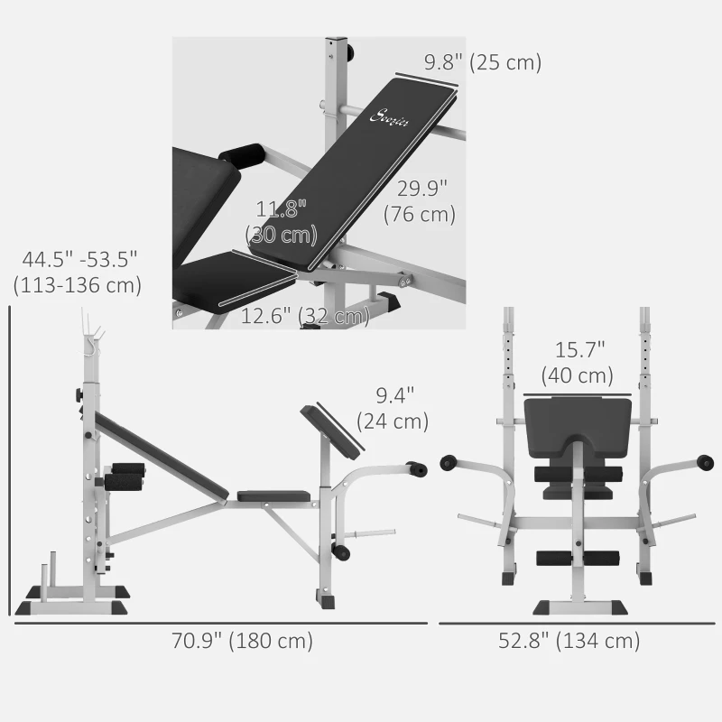 Soozier Bench Press Set Adjustable Weight Bench with Squat Rack, Preacher Curl Pad, Leg Developer and Weight Storage, Grey