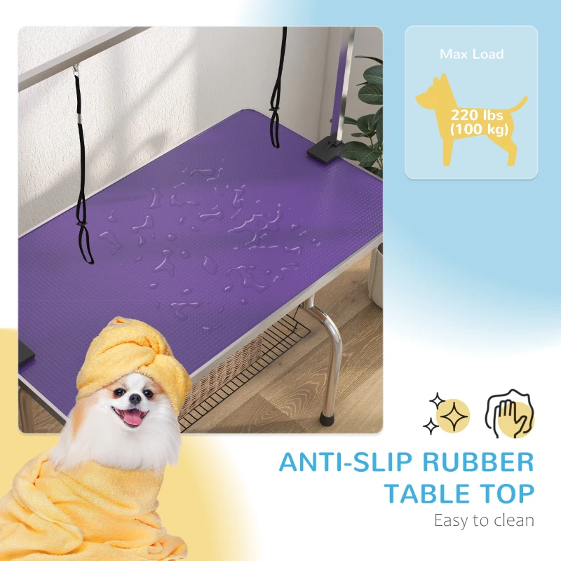 PawHut Adjustable Dog Grooming Table with 2 Safety Slings, Storage Basket, Purple