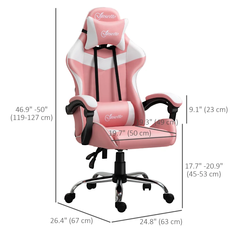 Vinsetto Racing Gaming Chair with Lumbar Support, Head Pillow, Swivel High Back Recliner Gamer Desk Chair for Office, Pink