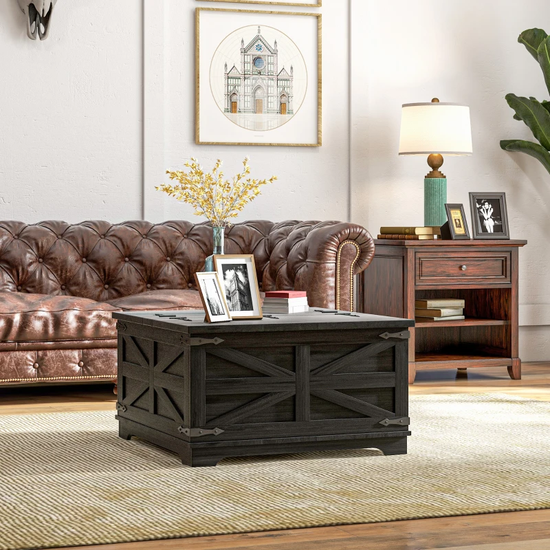 HOMCOM Farmhouse Coffee Table, Square Center Table with Flip-top Lids, Hidden Storage Compartment, Distressed Black