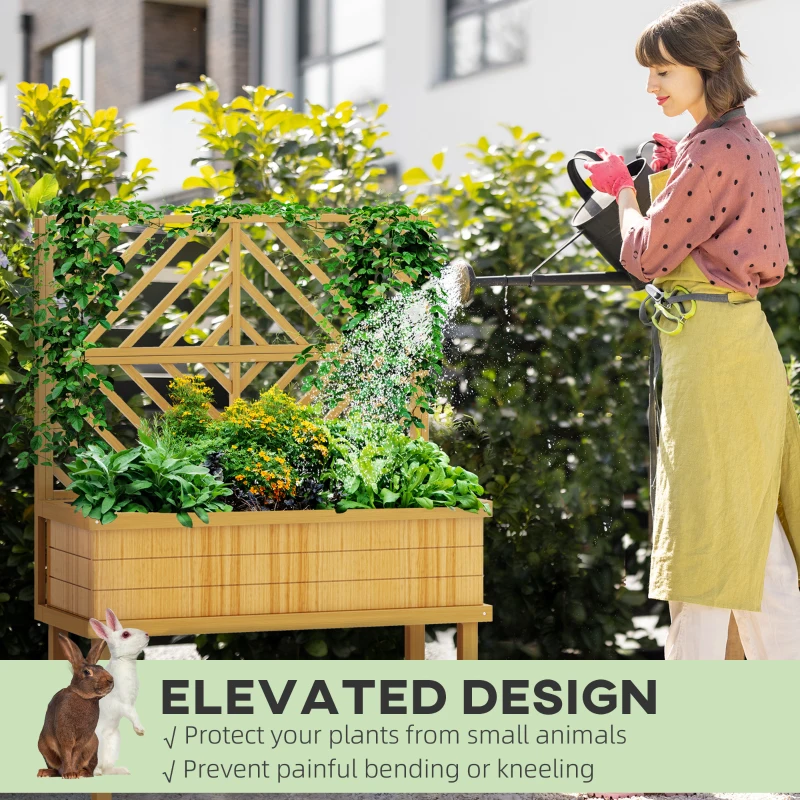 Outsunny Elevated Wood Planter with Trellis for Climbing Plants, Raised Garden Bed with Legs and Drainage Holes, Natural Wood