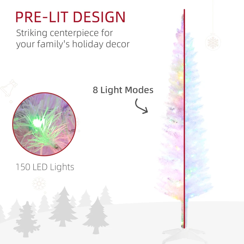 HOMCOM 5' Prelit Christmas Tree, Pencil Artificial Christmas Tree with Colorful Surface Branches, Colorful LED Lights, White