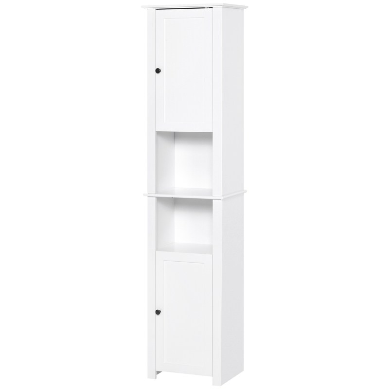 HOMCOM Tall Bathroom Storage Cabinet, Freestanding Linen Tower with 2-Tier Shelf and 2 Cabinets, Narrow Side Floor Organizer, White