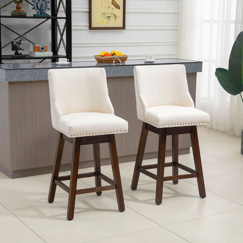 HOMCOM 28" Swivel Bar Height Bar Stools Set of 2, Armless PU Leather Upholstered Barstools Chairs with Nailhead Trim and Wood Legs, Cream White