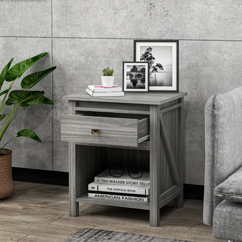 HOMCOM Bedside Table, Farmhouse Nightstand with with Drawer and Storage Shelf, Night Table for Bedroom, Grey