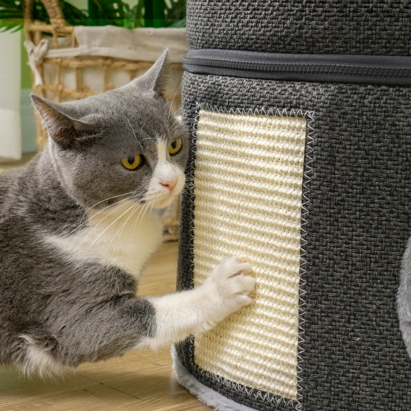 PawHut 2-Story Cat Condo Barrel Tree with Top Perch, 2 Hideaways, Scratching Board, Removable Cushions, Toy Balls, Dark Grey