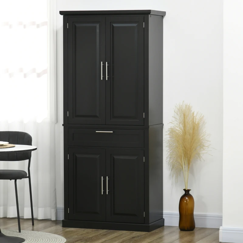 HOMCOM 72" Kitchen Pantry Cabinet, Freestanding Storage Cabinet, 4-Door Cabinet with Drawer and Adjustable Shelves, Black