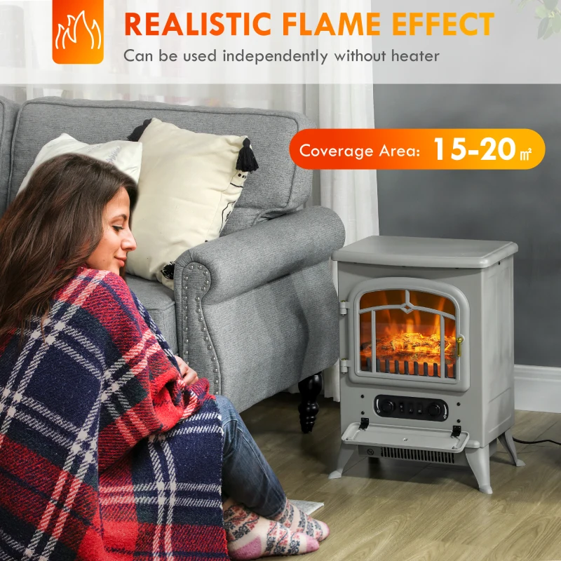 HOMCOM Fireplace Stove, Electric Fireplace Heater with Realistic LED Flames and Logs, 725W/1450W, Gray