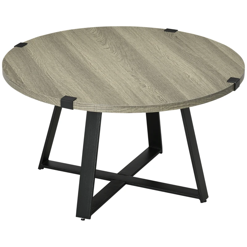 HOMCOM Round Coffee Table, Retro Cocktail Table with Steel Crossed Legs, Aesthetic Living Room Table, Easy to Assemble, Light Gray