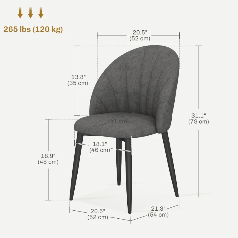 HOMCOM Modern Dining Chairs Set of 4, Upholstered Dining Room Chairs with Metal Legs, Shell Backrest, Padded Seat, Dark Grey