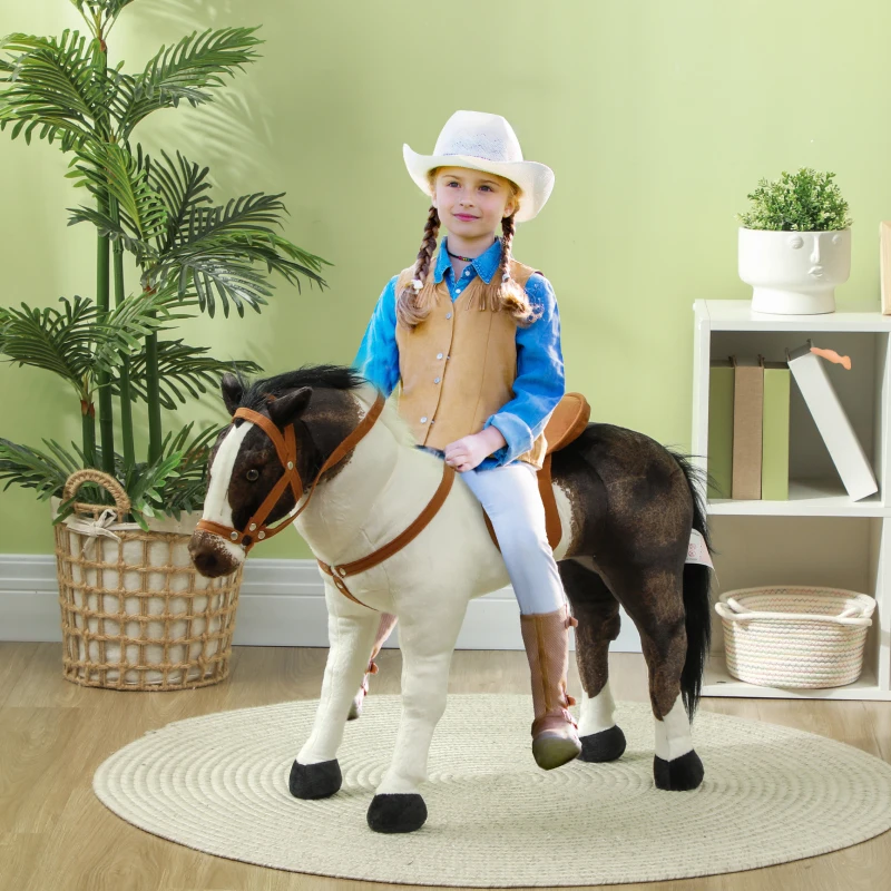 Qaba Ride on Horse for Toddlers 3-8 Years Old, Stuffed Animal Horse Toy with Neighing Sound, Brown