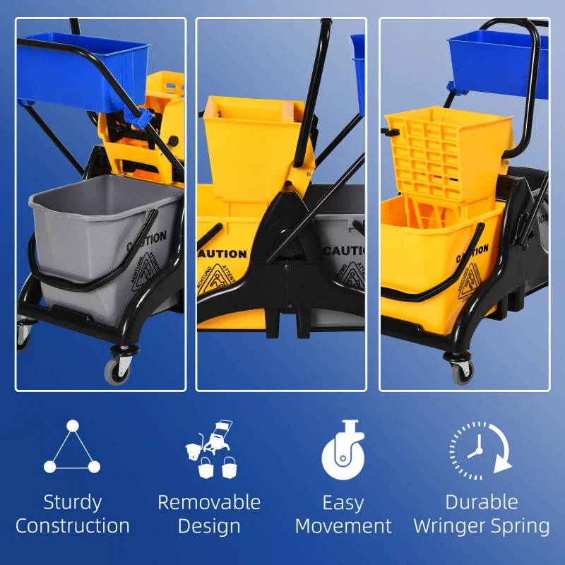 HOMCOM 2 x 6.9 Gallon Mop Water Bucket Wringer Cart with Easy to Use Side Press Wringer, Smooth Wheels, Mop-Handle Holder