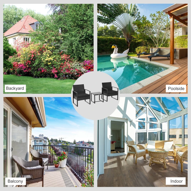 Outsunny 3 Pieces Wicker Patio Furniture Set, Rattan Bistro Set with Glass Top Coffee Table and Cushions, Outdoor Conversation Set for Garden, Porch, Balcony, Black