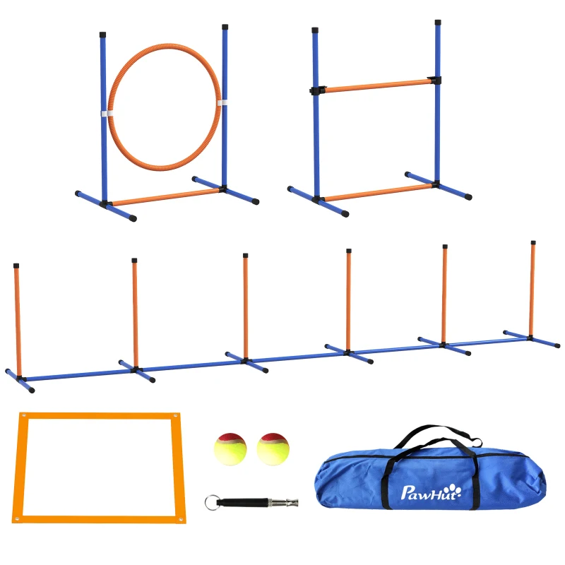 PawHut 4 Pcs Agility Training Equipment for Dogs w/ Weave Poles Adjustable Hurdle Jumping Ring, Pause Box for Backyard Orange