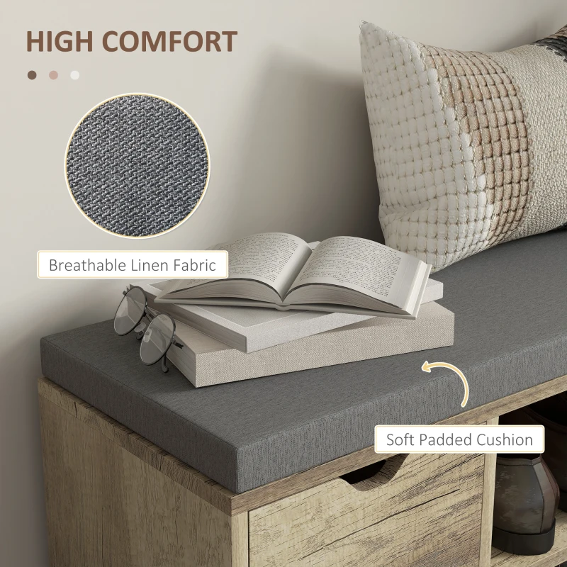 HOMCOM Upholstered Shoe Storage Bench w/ Seat, Entrance Bench w/ Drawer Open Shelves and Pocket for Hallway, Grey