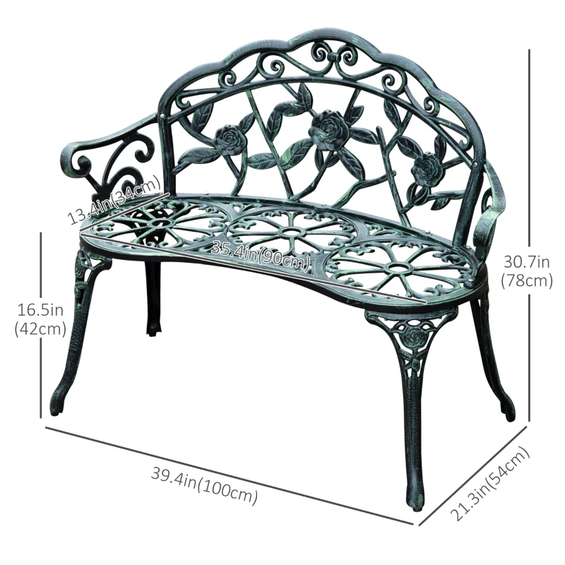 Outsunny 40" Outdoor Garden Bench, Cast Aluminum Antique Rose Style Patio Garden Park Loveseat Bench for Backyard, Porch, Balcony, Lawn, Green