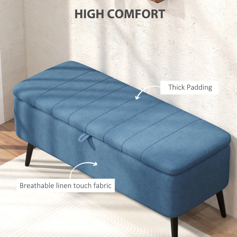 HOMCOM 40" Ottoman with Storage, Linen Upholstered Storage Ottoman Bench with Steel Legs for Living Room, Bedroom Dark Blue