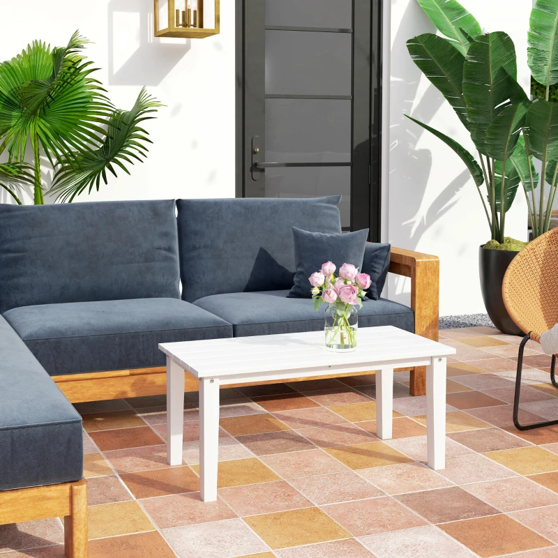 Outsunny Rectangle Outdoor Coffee Table, HDPE All-Weather Outdoor Patio Table with Slatted Tabletop for Yard, Balcony, White