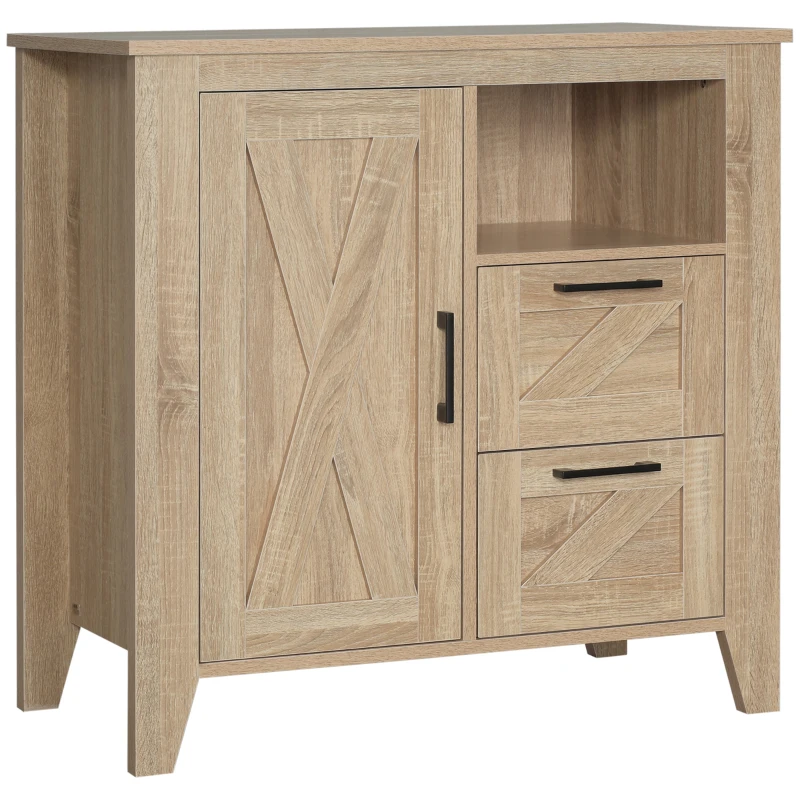 HOMCOM Farmhouse Storage Cabinet, Kitchen Cupboard Buffet Cabinet with Drawers, Door and Adjustable Shelf, Natural