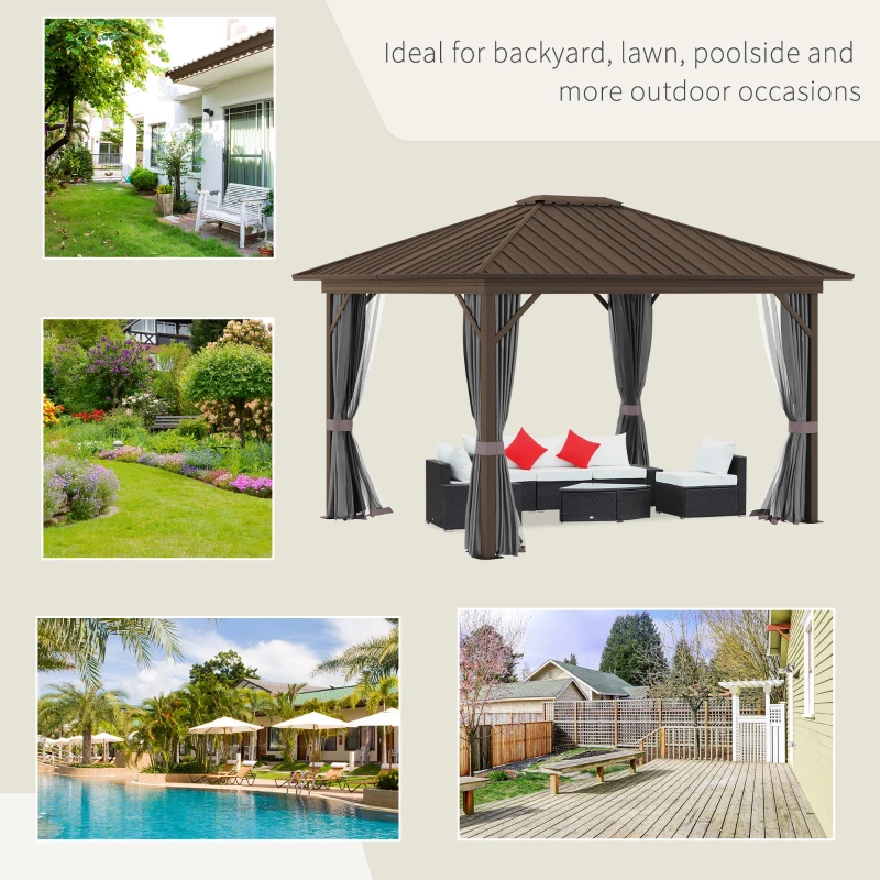 Outsunny 10' x 12' Hardtop Gazebo with Curtains and Netting, Permanent Pavilion Metal Single Roof Gazebo Canopy with Aluminum Frame and Hooks, for Garden, Patio, Backyard, Gray