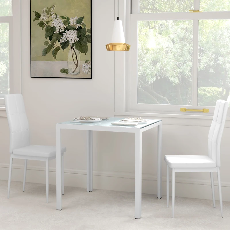 HOMCOM 3-Piece Rectangular Glass Kitchen Table and Chairs with Metal Frame and Faux Leather Upholstery for Dining Room, White