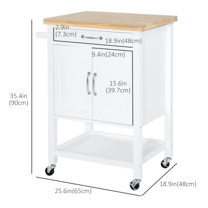 HOMCOM Kitchen Storage Cabinet Trolley Serving Cart Rubber Wood top Rolling Kitchen Island with Towel Rack and Drawer White