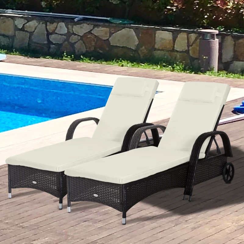Outsunny 2 Reclining Chaise Lounge Chairs, Rolling Outdoor Chairs with Cushion, Pillow, Headrest, Armrests, and Wheels, Cream