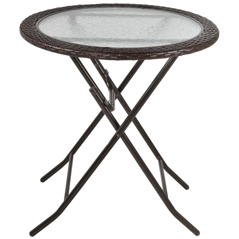 Outsunny 26.8" Dia. (68 Dia. cm) Folding Round Tempered Glass Metal Table with Brown Rattan Edging, Brown