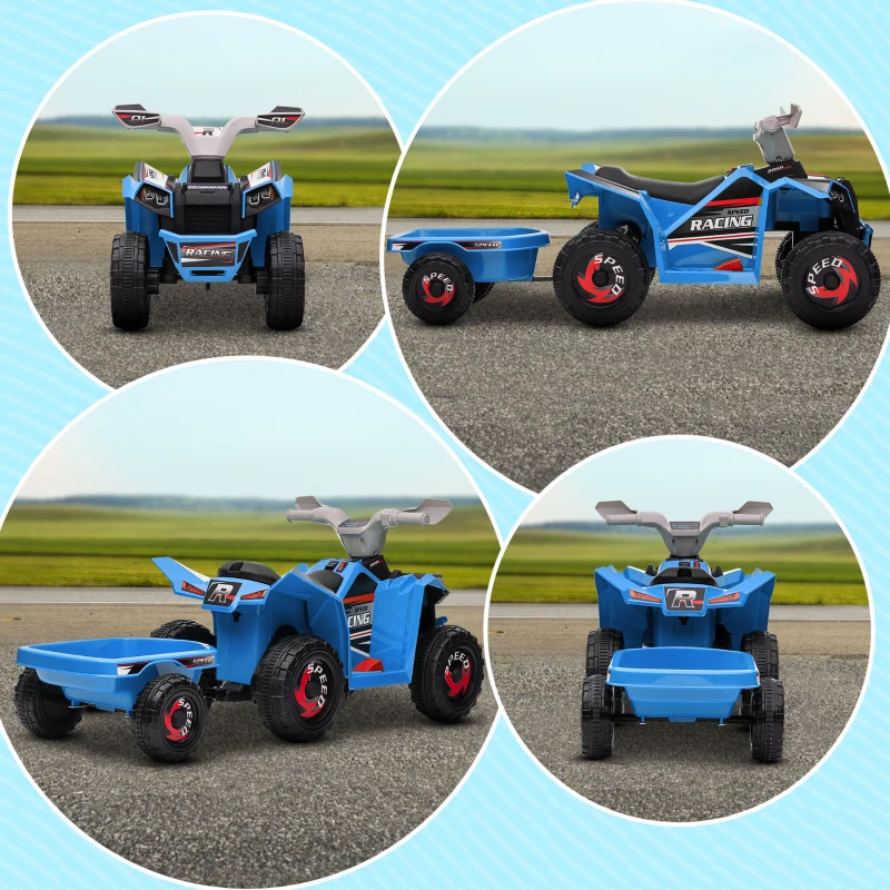 Aosom 6V Kids ATV Quad, Battery Powered Electric Vehicle for Kids with Back Trailer, Wear-resistant Wheels, for Boys and Girls - Blue