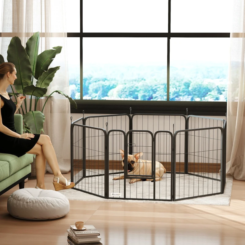 PawHut 24" Dog Playpen Indoor Outdoor, Portable Foldable 8 Panels Pet Playpen with Door & Strap for Small Dogs