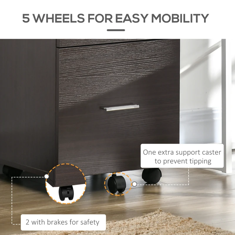 Vinsetto Mobile Filing Cabinet, Vertical File Cabinet with 2 Drawers, Wheels, for Letter or A4 File, Brown