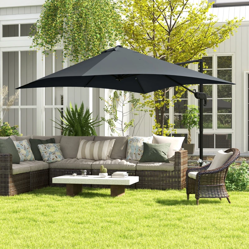 Outsunny 10x10ft Cantilever Umbrella Rotatable Square Market Parasol, 4 Adjustable Angle for Outdoor Backyard Patio Dark Grey