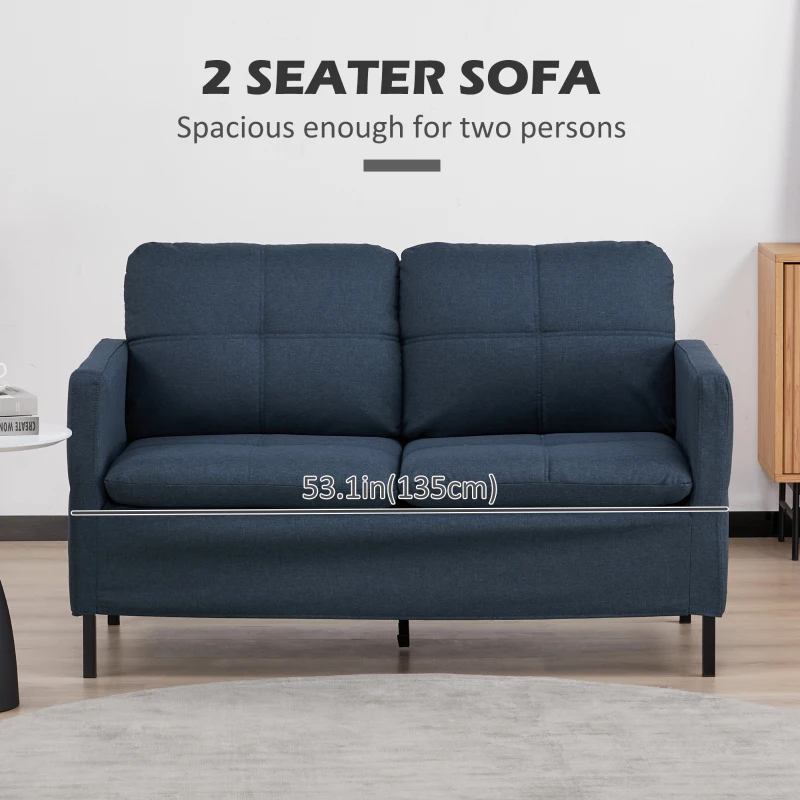 HOMCOM 53" 2 Seat Sofa, Upholstered Two Seater Couch with Sturdy Steel Legs for Bedroom, Living Room, Dark Blue