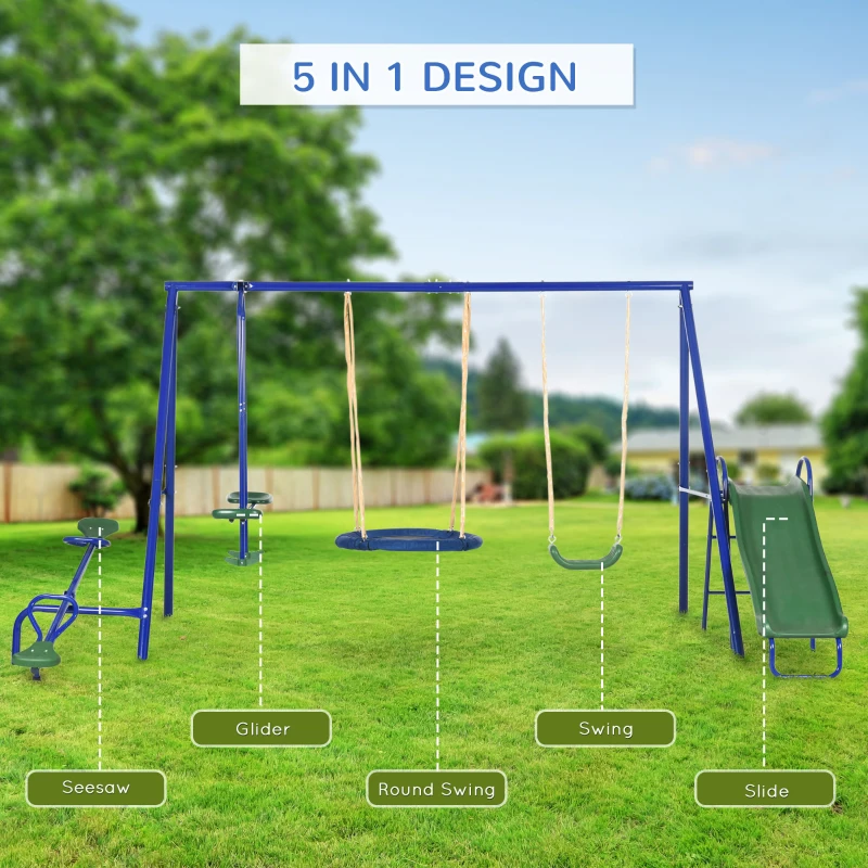 Outsunny 5 in1 Kids Swing Set with Saucer Swing, Slide, Seesaw, Glider, Swing Seat for Backyard, Playground