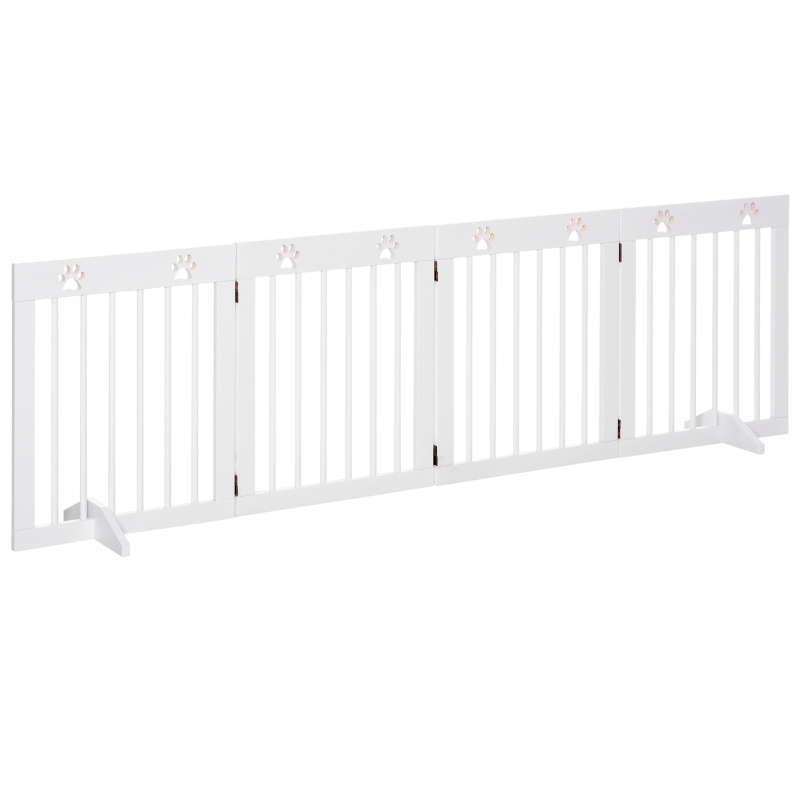 PawHut Freestanding Pet Gate 4 Panel Wooden Dog Barrier Folding Safety Fence with Support Feet up to 80.25" Long 24" Tall for Doorway Stairs White