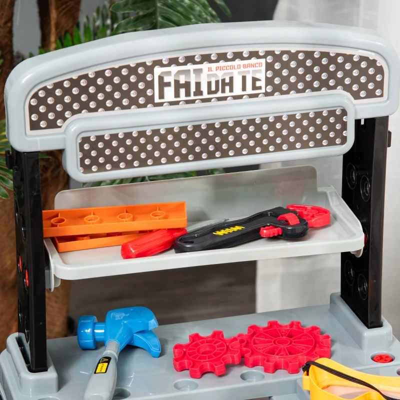 Qaba 2 in 1 Kids Workbench 79 Pcs Construction Playset Toy with Battery-Powered Drill, Hammer, Saw, Storage Tray for Ages 3+, Black and Gray