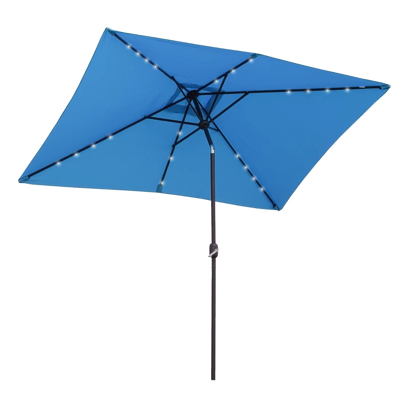 Outsunny 6' x 10' Patio Umbrella with 22 LED Solar Lights and Tilt, Rectangular Outdoor Table Umbrella with Crank, Light Blue