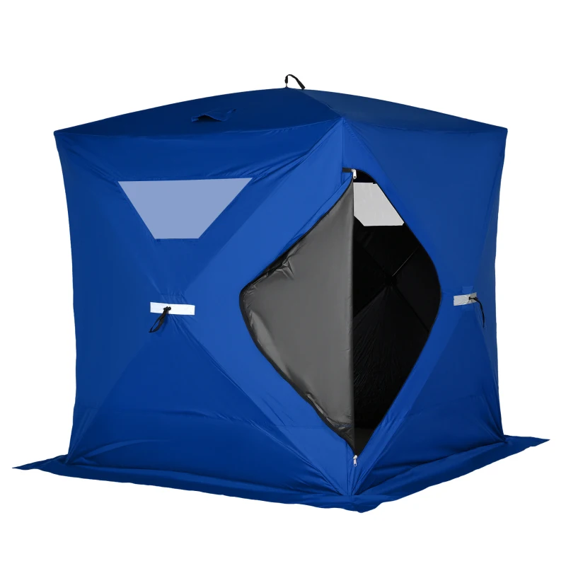 Outsunny 2-4 Person Pop-up Ice Fishing Tent Portable Ice Fishing Shelter with Windproof Windows and Carrying Bag Hub Fish Shelter, Blue