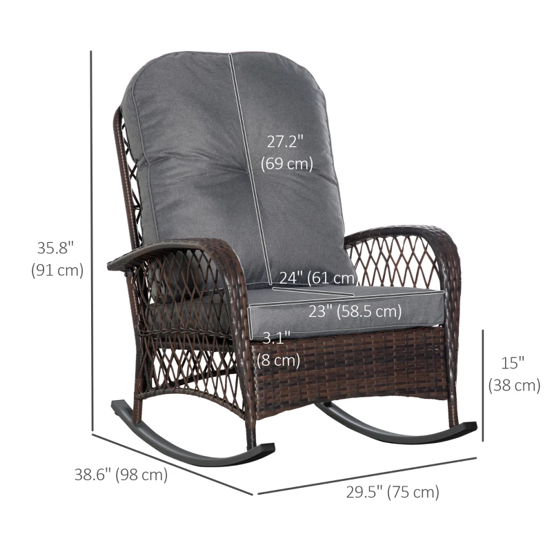 Outsunny Rattan Rocking Chair, Outdoor Wicker Patio Rocker Chair Furniture with Thick Cushions, for Garden Backyard Porch, Grey