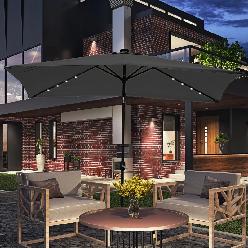 Outsunny 6' x 10' Patio Umbrella with 22 LED Solar Lights and Tilt, Rectangular Outdoor Table Umbrella with Crank, Dark Grey