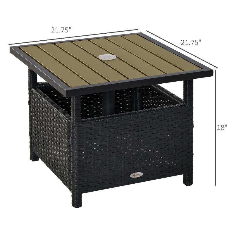 Outsunny 22" Outdoor Side Table with Umbrella Hole, Rattan Wicker End Table with Sand Bag and Steel Frame for Outdoor, Patio, Garden, Backyard, Black & Tan