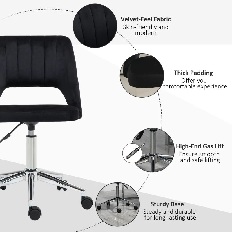 Vinsetto Mid Back Office Chair Velvet Fabric Swivel Scallop Shape Computer Desk Chair, Black