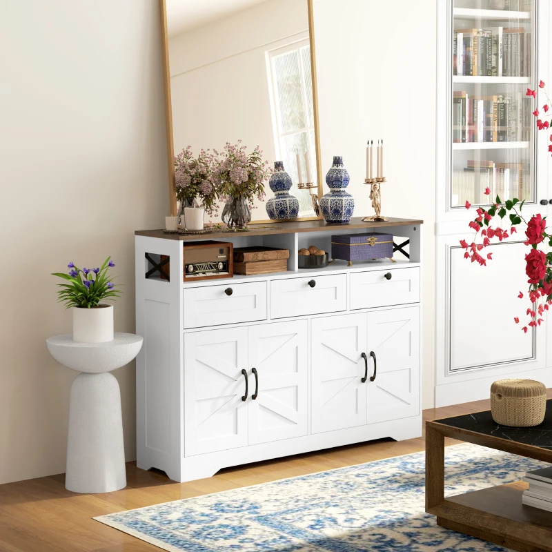 HOMCOM White Sideboard 47.2" Buffet Cabinet with 4 Barn Doors and 3 Drawers, Coffee Bar Cabinet with Adjustable Shelves