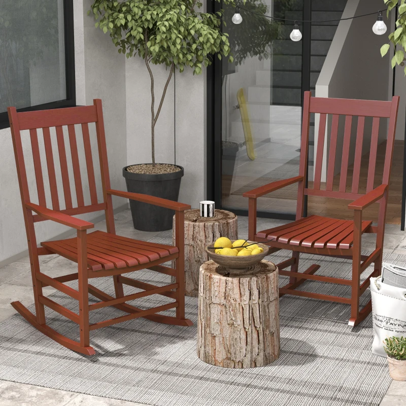 Outsunny Outdoor Rocking Chair Set of 2, Patio Rocking Chair with Smooth Curves, High Density Wooden Rockers for Lawn Garden Porch, Supports Up to 350lbs, Wine Red