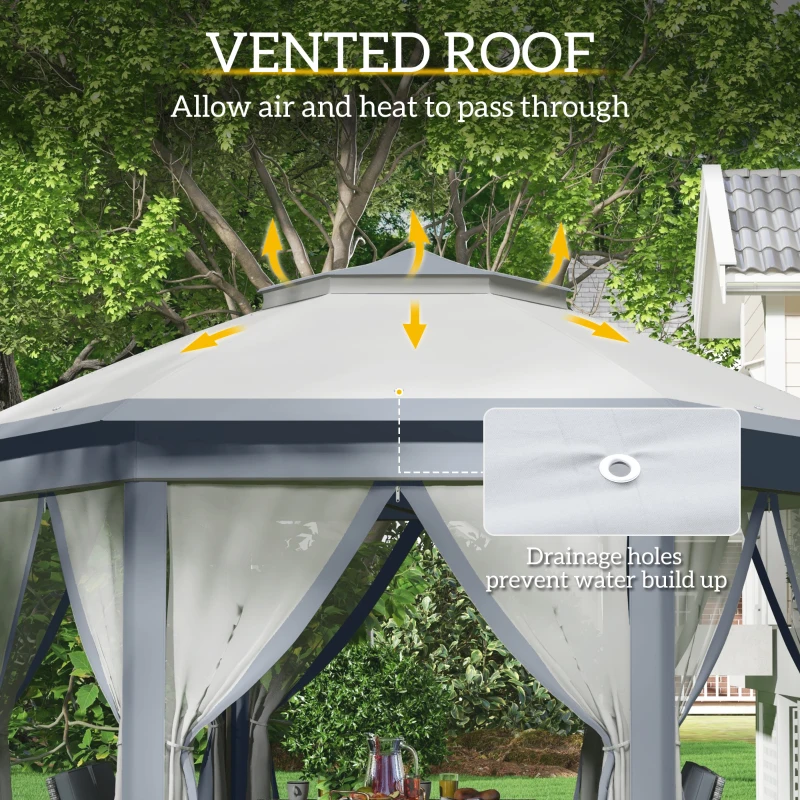 Outsunny 13' x 13' Pop Up Canopy Tent with Netting and Carry Bag, Instant Sun Shelter, Hexagon Tents for Parties, Outdoor, Garden, Patio, Grey