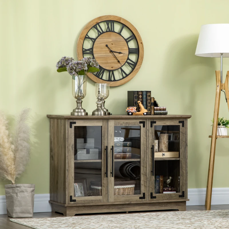 HOMCOM Farmhouse Style Buffet Cabinet, Glass Door Sideboard, Kitchen Storage Cabinet, Coffee Bar, Distressed Grey