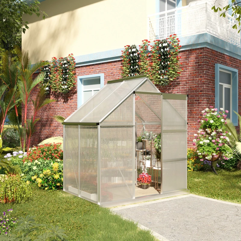 Outsunny 6' x 4' Hobby Greenhouse, Walk-in Polycarbonate Hot House Kit with Aluminum Frame, Sliding Door, Roof Vent, Silver