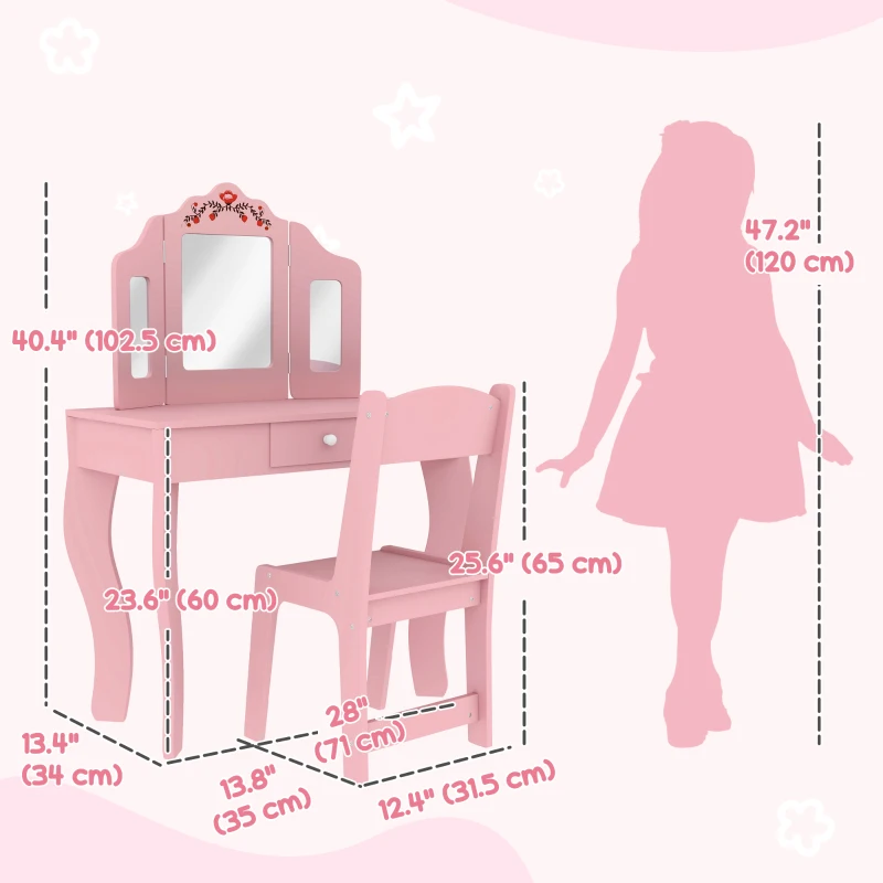 Qaba Kids Vanity Set, Dual-Use Dressing Table with Removable Tri-Folding Mirror and Drawer, for Ages 3-8, Pink
