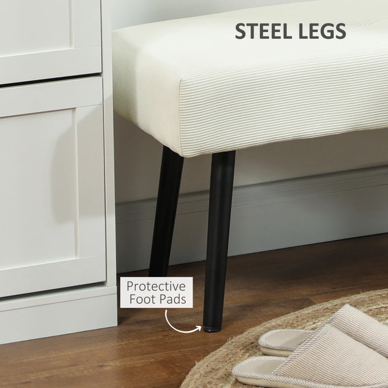 HOMCOM 39" Upholstered Ottoman Bench, Corduroy Entryway Bedroom Bench with Padded Seat and Steel Legs for Bedroom, Cream White
